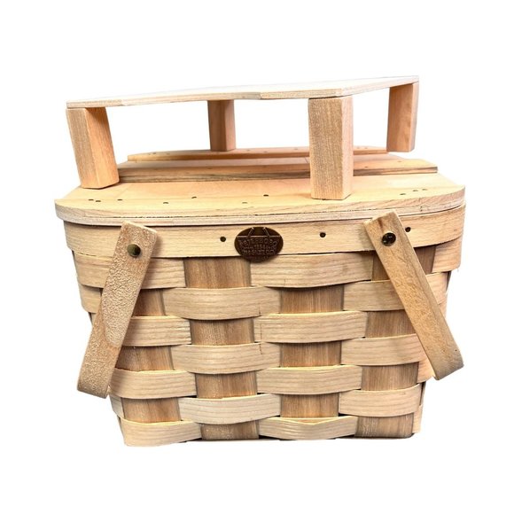 Peterboro Picnic Basket Natural Wood Riser Inside Woven Double Handles Logo - Picture 2 of 11